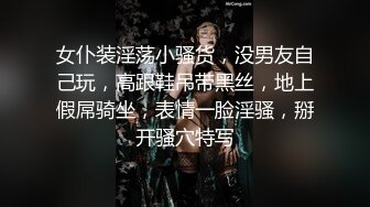 女仆装淫荡小骚货，没男友自己玩，高跟鞋吊带黑丝，地上假屌骑坐，表情一脸淫骚，掰开骚穴特写